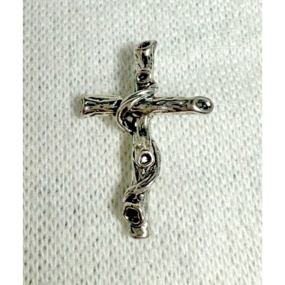 Estate Jewelry - Silver Tone Cross Pendant with Unique Gnarled Wood Design - 3/4"